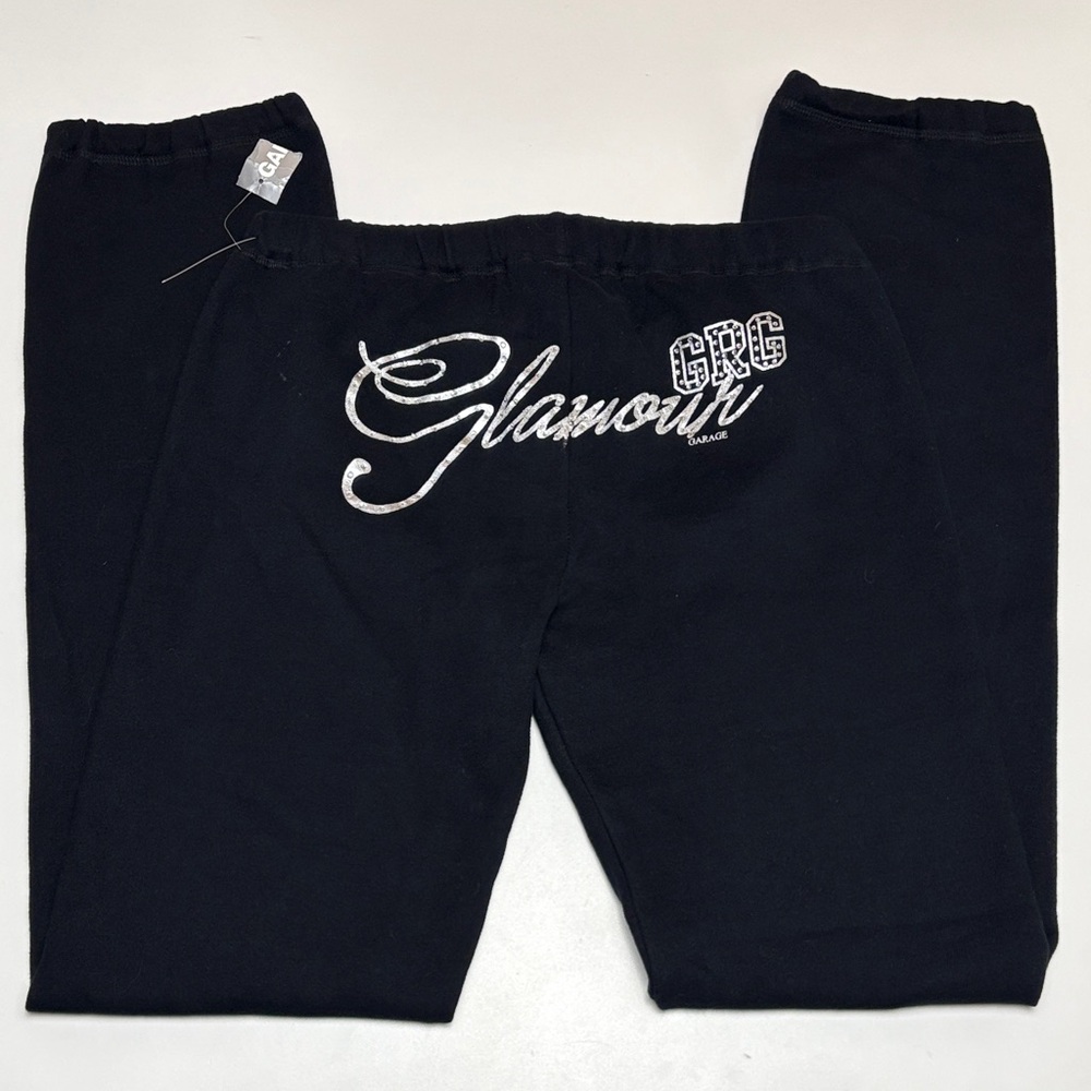 Garage “Glamour” rhinestone graphic Black Fleece Sweatpants, Size XS NWT Vtg